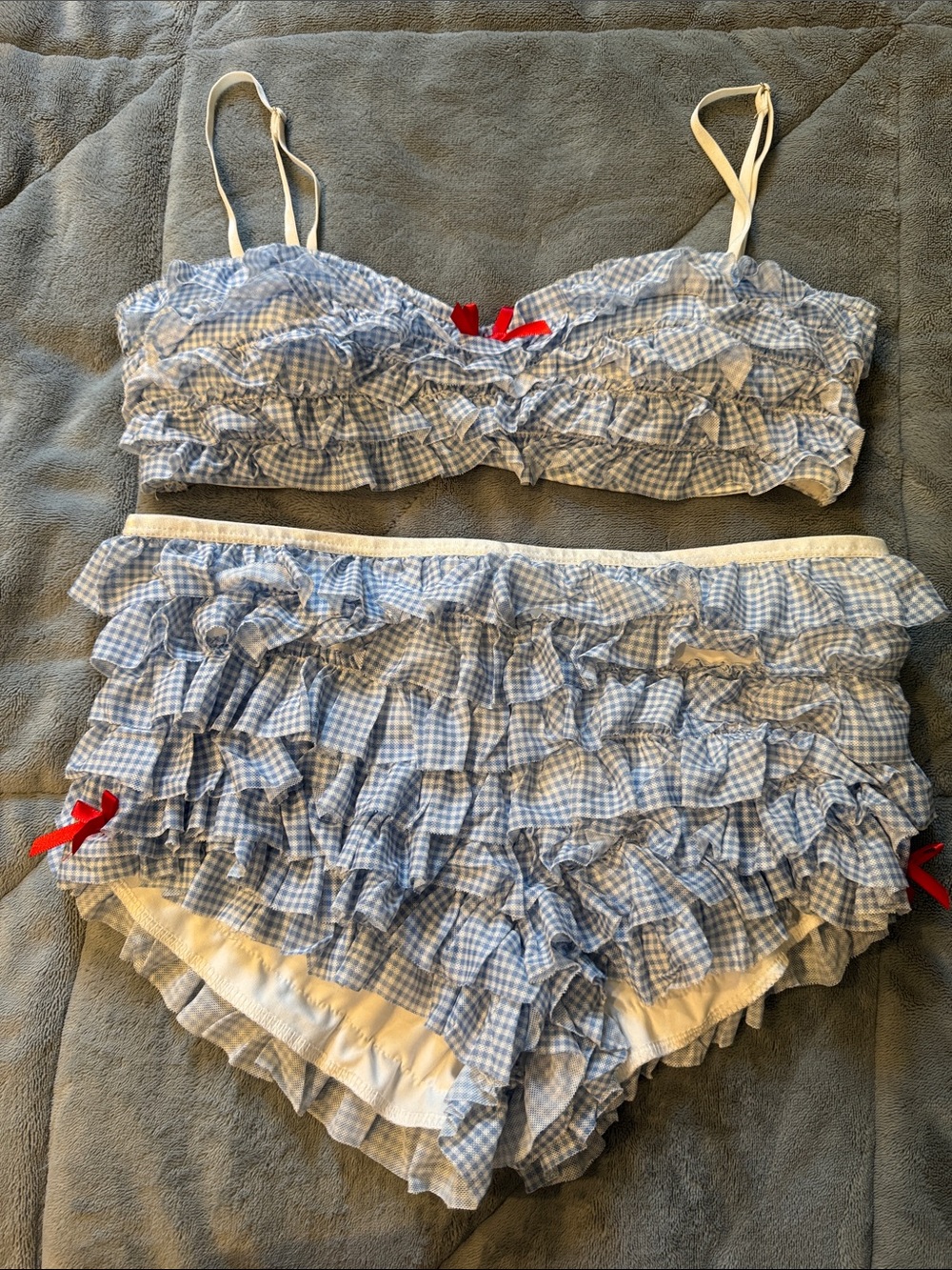 Windsor Light Blue Gingham Ruffle Bralette & Shorts Set with Red Bows